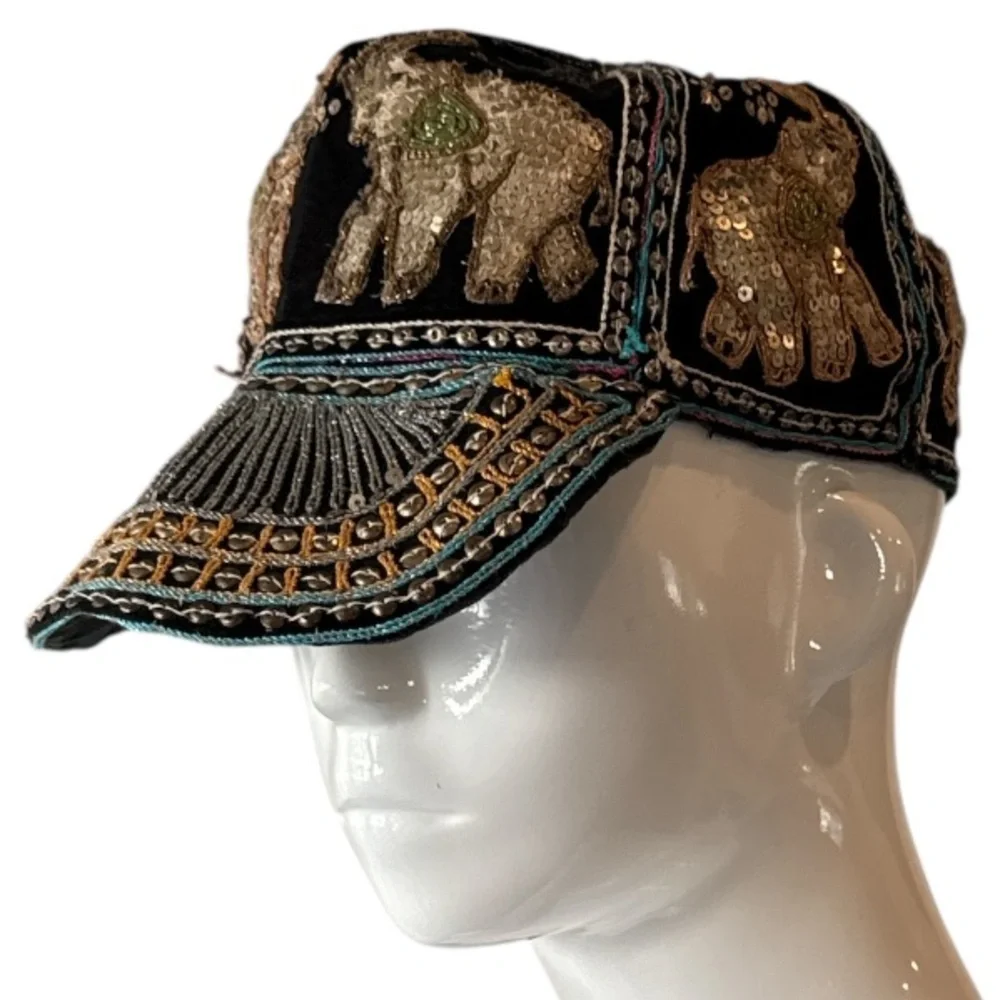 Vintage Burmese Velvet Embellished Black Multi Elephant Baseball Cap Size OS - Picture 1 of 14